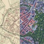 .Kalisz widziany z satelity i na planie z 1825 r. Źródło: https://stareplanymiast.pl/wg-miast/kalisz/